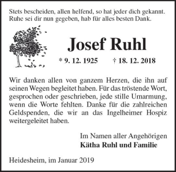 Traueranzeige von Josef Ruhl von vrm-trauer