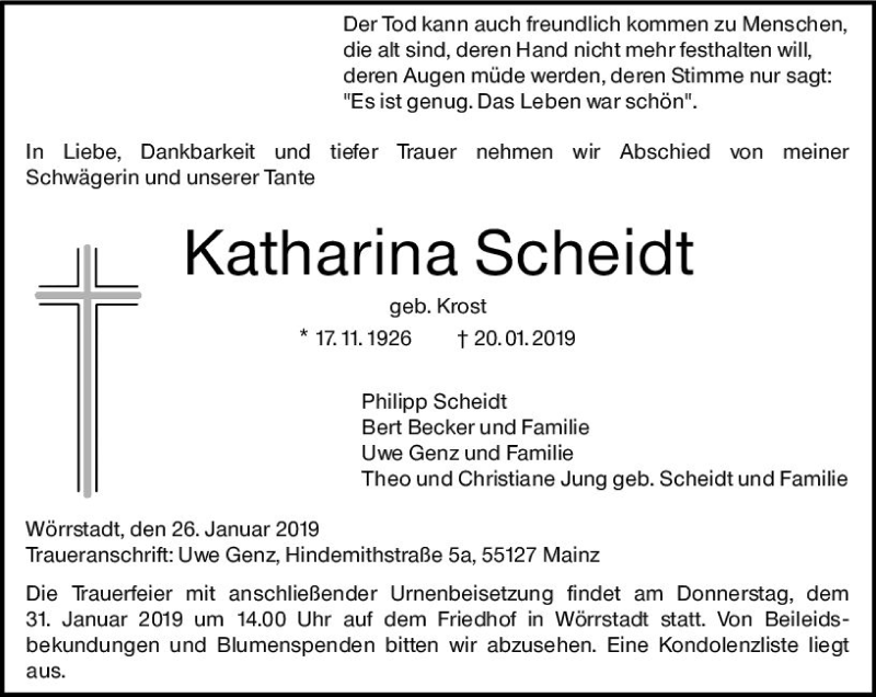  Traueranzeige für Katharina Scheidt vom 26.01.2019 aus vrm-trauer