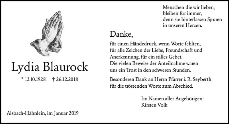 Traueranzeige für Lydia Blaurock vom 26.01.2019 aus vrm-trauer