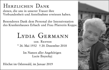 Traueranzeige von Lydia Germann von vrm-trauer