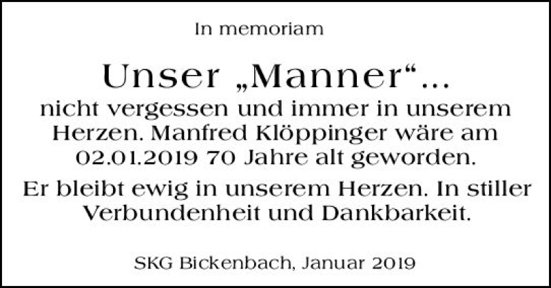  Traueranzeige für Manfred Klöppinger vom 05.01.2019 aus vrm-trauer