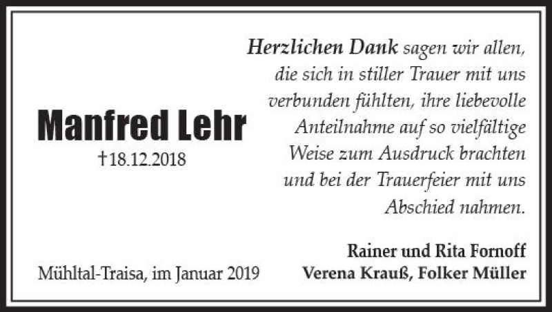  Traueranzeige für Manfred Lehr vom 19.01.2019 aus vrm-trauer