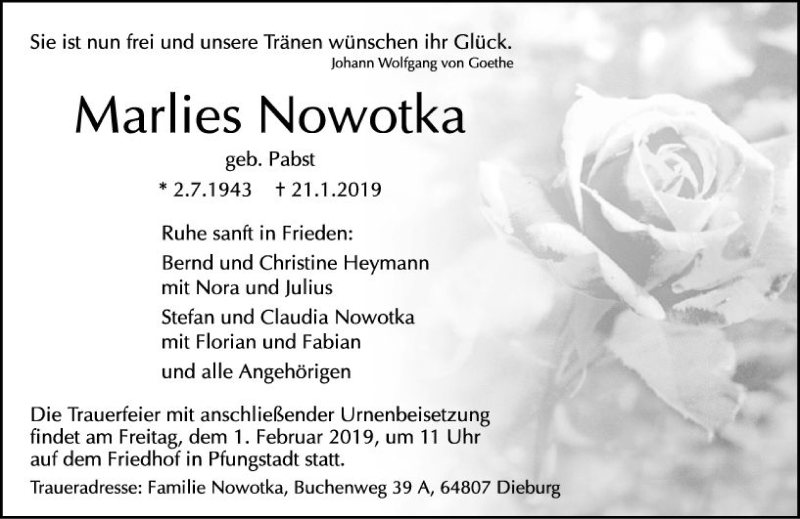  Traueranzeige für Marlies Nowotka vom 26.01.2019 aus vrm-trauer
