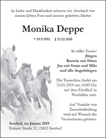 Traueranzeige von Monika Deppe von vrm-trauer