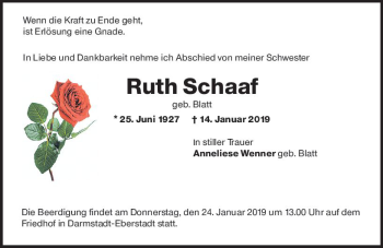 Traueranzeige von Ruth Schaaf von vrm-trauer