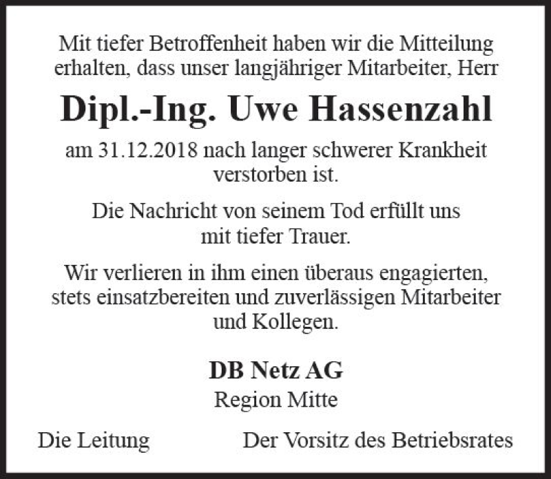 Traueranzeige für Uwe Hassenzahl vom 05.01.2019 aus vrm-trauer