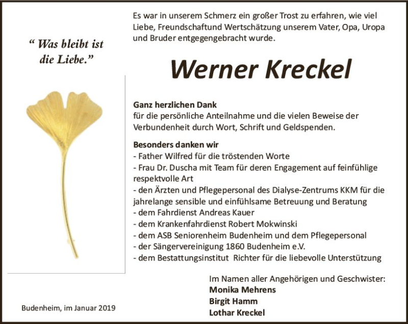  Traueranzeige für Werner Kreckel vom 12.01.2019 aus vrm-trauer