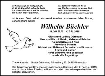 Traueranzeige von Wilhelm Büchler von vrm-trauer