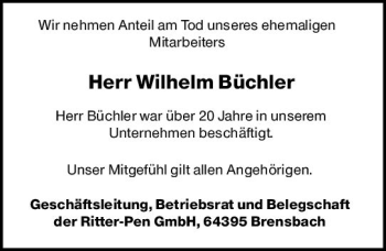 Traueranzeige von Wilhelm Büchler von vrm-trauer