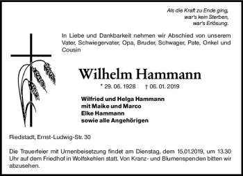 Traueranzeige von Wilhelm Hammann von vrm-trauer