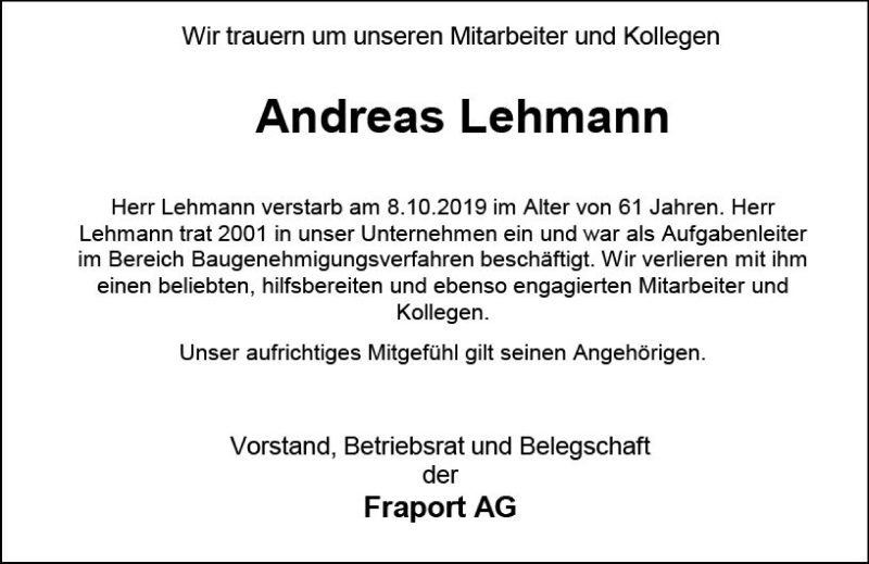  Traueranzeige für Andreas Lehmann vom 26.10.2019 aus vrm-trauer
