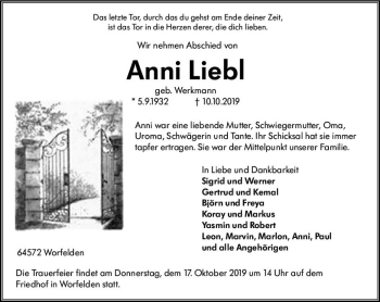 Traueranzeige von Anni Liebl von vrm-trauer