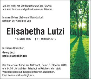 Traueranzeige von Elisabetha Lutzi von vrm-trauer