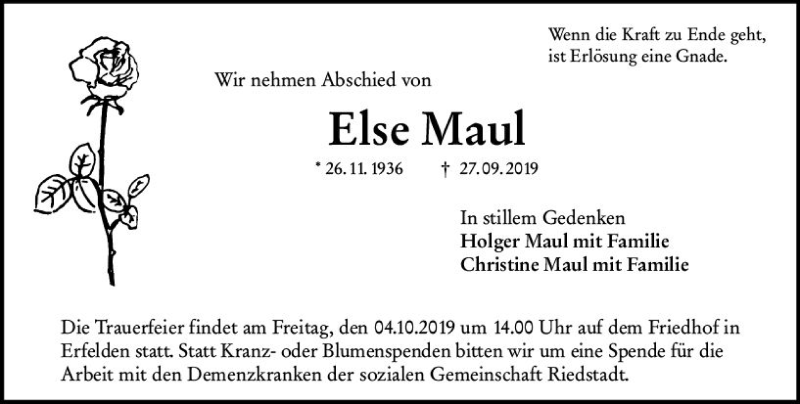  Traueranzeige für Else Maul vom 02.10.2019 aus vrm-trauer