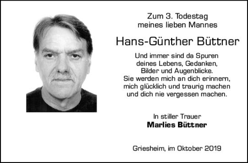  Traueranzeige für Hans-Günther Büttner vom 12.10.2019 aus vrm-trauer