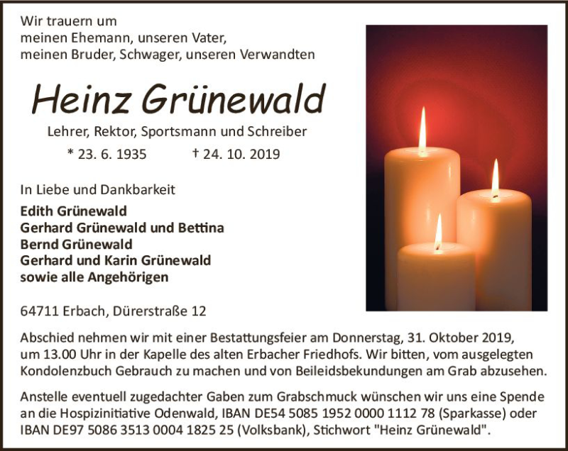  Traueranzeige für Heinz Grünewald vom 29.10.2019 aus vrm-trauer