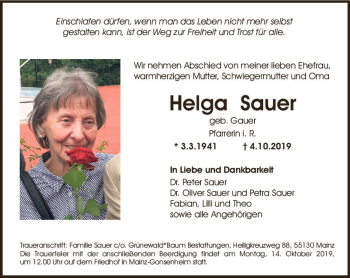 Traueranzeige von Helga Sauer von vrm-trauer