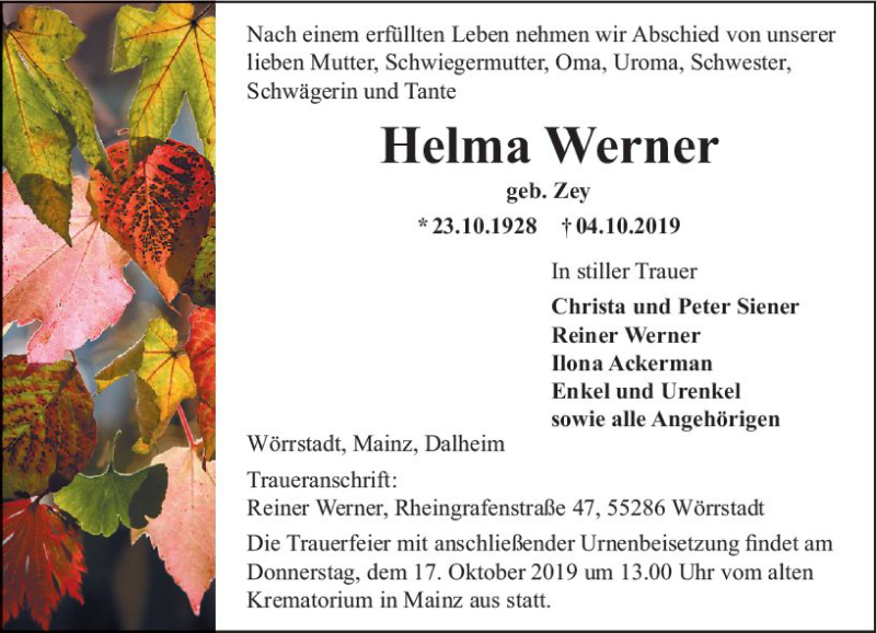  Traueranzeige für Helma Werner vom 12.10.2019 aus vrm-trauer