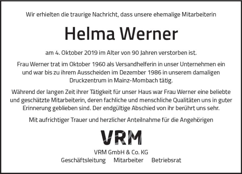  Traueranzeige für Helma Werner vom 12.10.2019 aus vrm-trauer