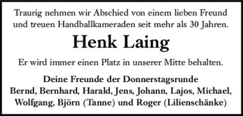 Traueranzeige von Henk Laing von vrm-trauer