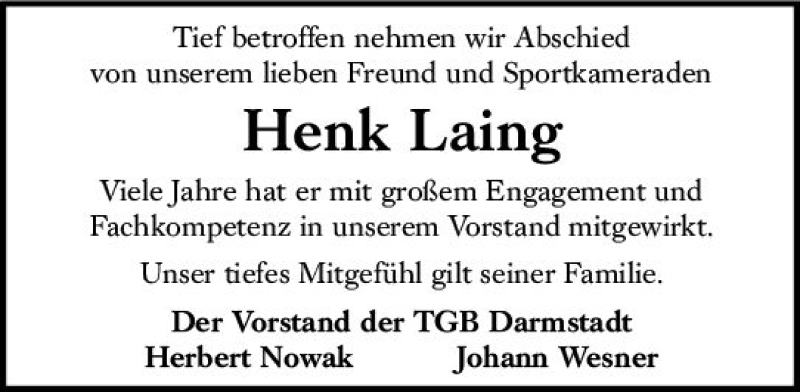  Traueranzeige für Henk Laing vom 19.10.2019 aus vrm-trauer