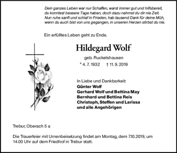 Traueranzeige von Hildegard Wolf von vrm-trauer