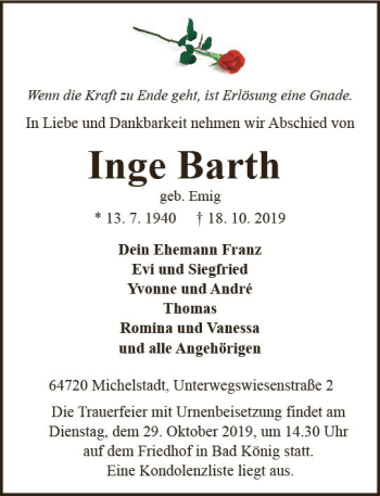 Traueranzeige von Inge Barth von vrm-trauer