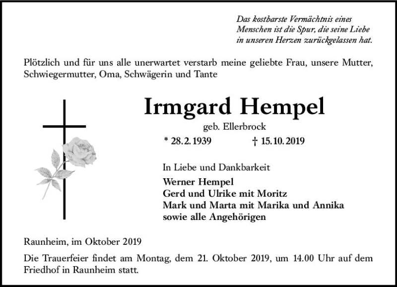  Traueranzeige für Irmgard Hempel vom 18.10.2019 aus vrm-trauer