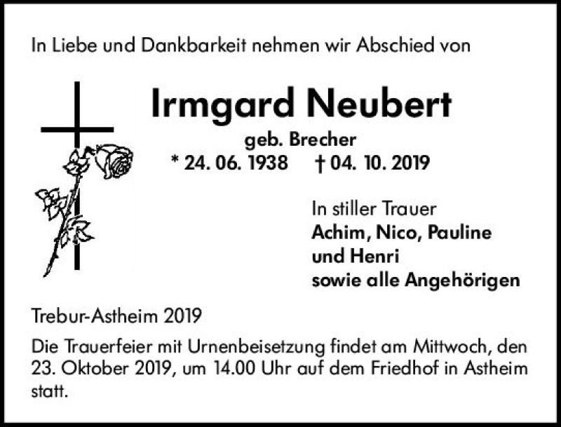  Traueranzeige für Irmgard Neubert vom 18.10.2019 aus vrm-trauer