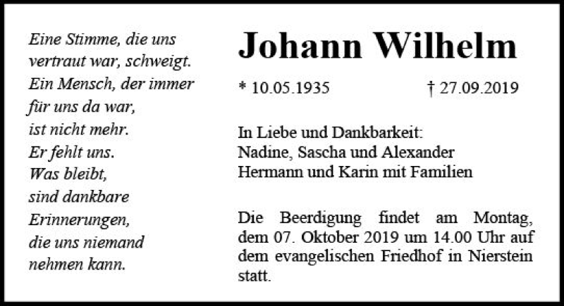  Traueranzeige für Johann Wilhelm vom 02.10.2019 aus vrm-trauer