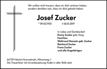 Traueranzeige von Josef Zucker von vrm-trauer