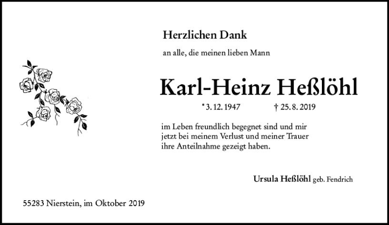  Traueranzeige für Karl-Heinz Heßlöhl vom 18.10.2019 aus vrm-trauer