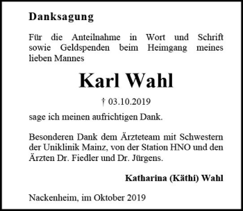 Traueranzeige von Karl Wahl von vrm-trauer