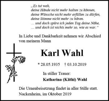 Traueranzeige von Karl Wahl von vrm-trauer