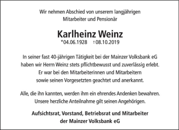 Traueranzeige von Karlheinz Weinz von vrm-trauer