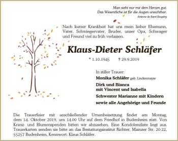Traueranzeige von Klaus-Dieter Schläfer von vrm-trauer