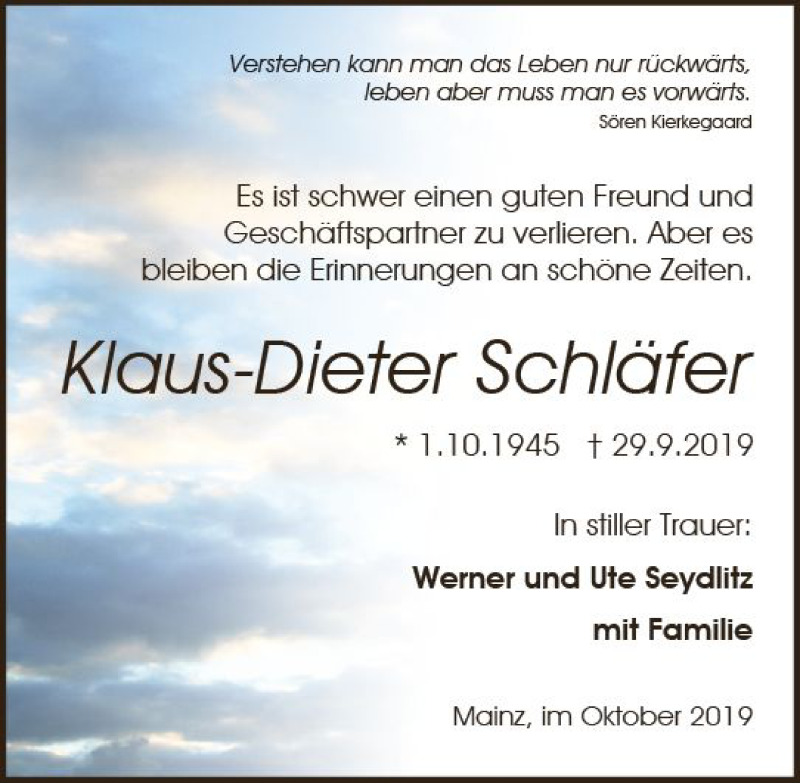  Traueranzeige für Klaus-Dieter Schläfer vom 05.10.2019 aus vrm-trauer