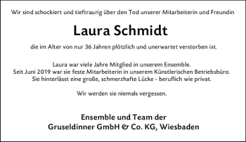 Traueranzeige von Laura Schmidt von vrm-trauer
