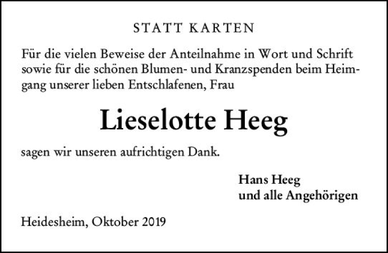  Traueranzeige für Lieselotte Heeg vom 09.10.2019 aus vrm-trauer