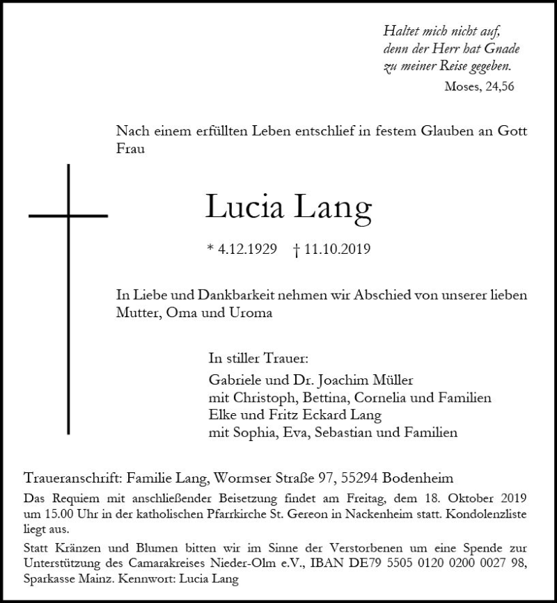  Traueranzeige für Lucia Lang vom 16.10.2019 aus vrm-trauer