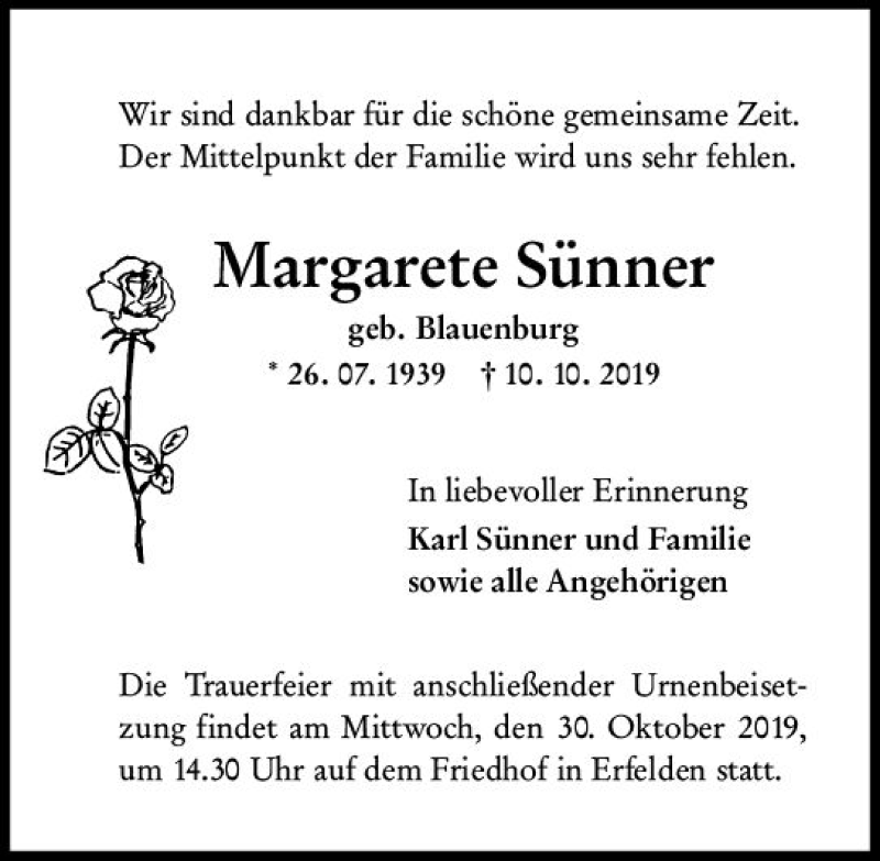  Traueranzeige für Margarete Sünner vom 26.10.2019 aus vrm-trauer