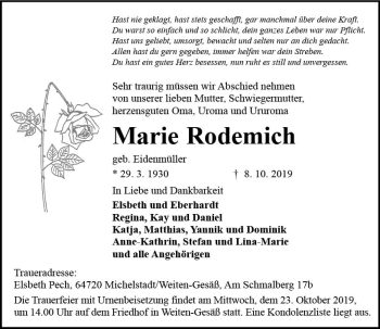 Traueranzeige von Marie Rodemich von vrm-trauer
