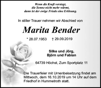 Traueranzeige von Marita Bender von vrm-trauer