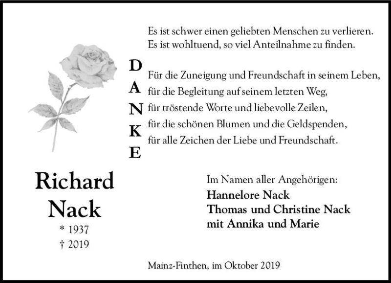 Traueranzeige für Richard Nack vom 19.10.2019 aus vrm-trauer