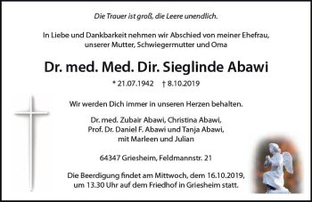 Traueranzeige von Sieglinde Abawi von vrm-trauer