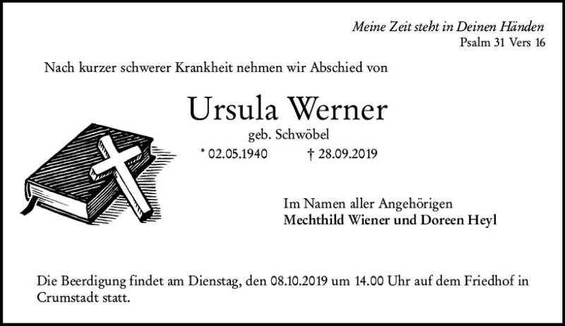  Traueranzeige für Ursula Werner vom 05.10.2019 aus vrm-trauer