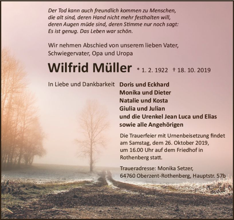 Traueranzeige für Wilfried Müller vom 23.10.2019 aus vrm-trauer