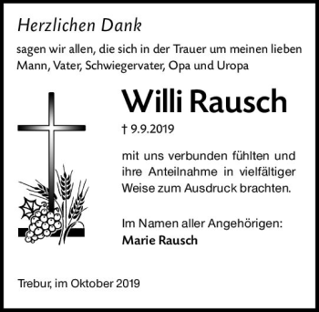 Traueranzeige von Willi Rausch von vrm-trauer