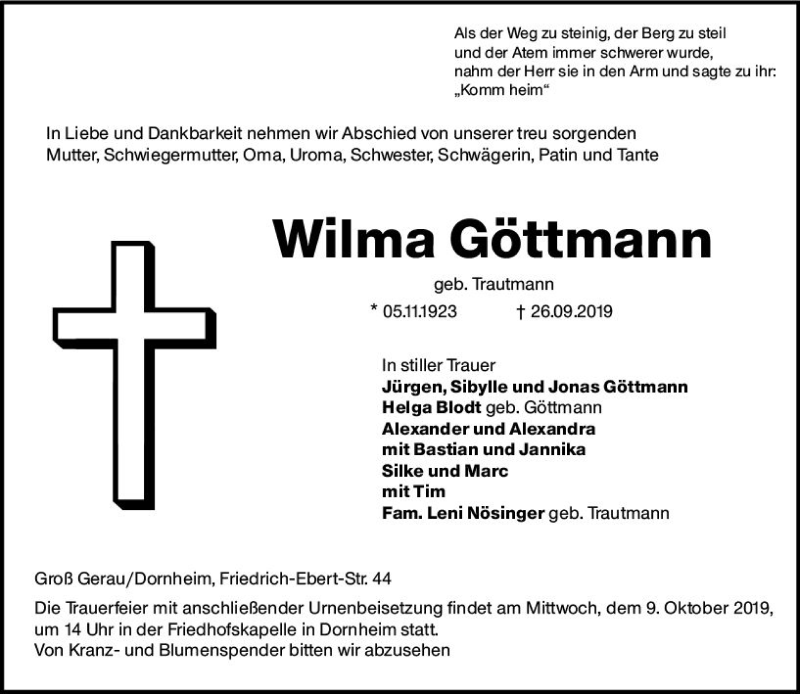  Traueranzeige für Wilma Göttmann vom 05.10.2019 aus vrm-trauer