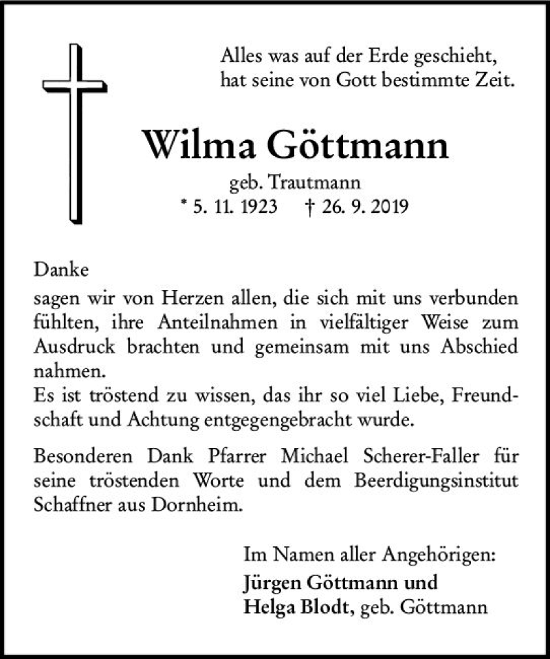  Traueranzeige für Wilma Göttmann vom 19.10.2019 aus vrm-trauer